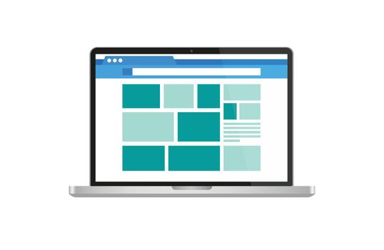 Illustration of a laptop screen displaying a responsive website layout with various green colored content blocks vector