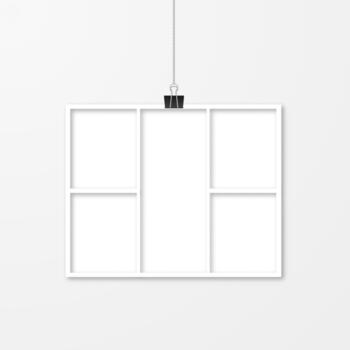 Realistic frame hanging with binder clips. White paper frame. Collage layout template. Mock up for photographers. vector