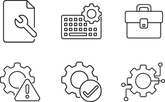ajustes personalización íconos documento teclado. maletín engranajes advertencia marca de verificación. vector