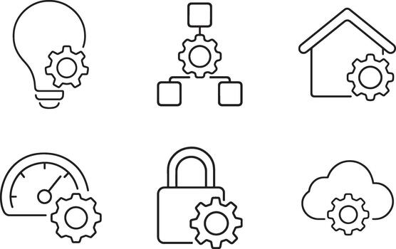 sistema configuración íconos ligero bulbo. red casa velocímetro bloquear nube. vector