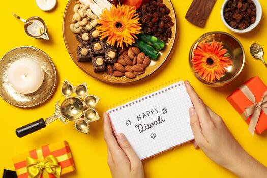 Copper utensils, sweets, gift boxes and notepad with text in hands on yellow background, top view photo