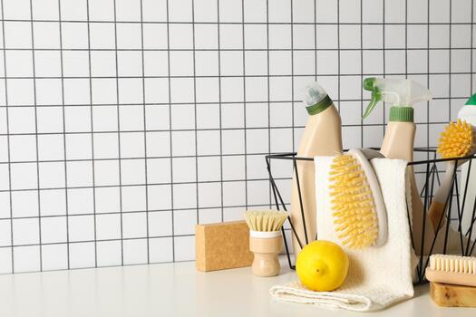 Basket with towel and bottles of detergents, brushes and lemon on light background, space for text photo