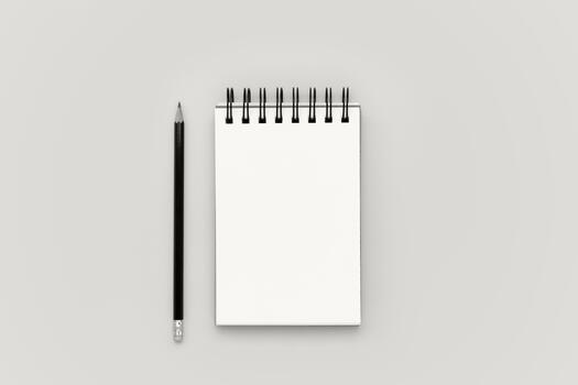 Blank spiral notebook notepad and pencil on background. Flat lay design mockup with empty space. Planning banner color of 2026 year photo