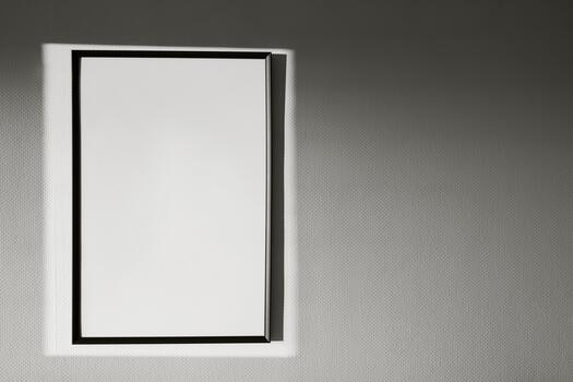 big empty black frame in rectangle of light of setting sun. Apartment design, spf advertisement color of 2026 year cloud white photo