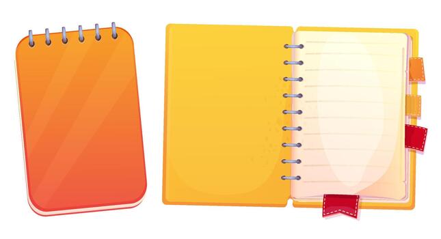 Set diary, note book top view, open, closed isolated on white background. Book with bookmarks and spiral, daily planner. vector