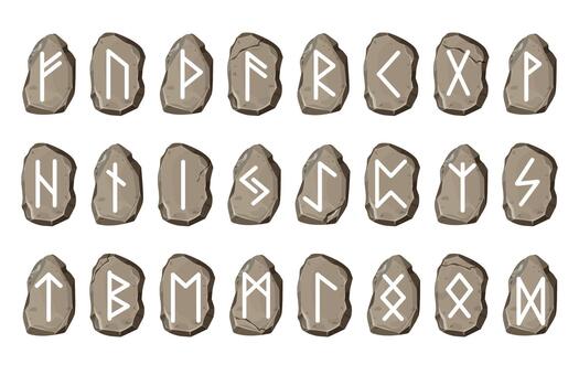 Rune stone set norse magic game symbols,sacred script in cartoon style isolated on white background. Collection scandinavian letters occult letters vector
