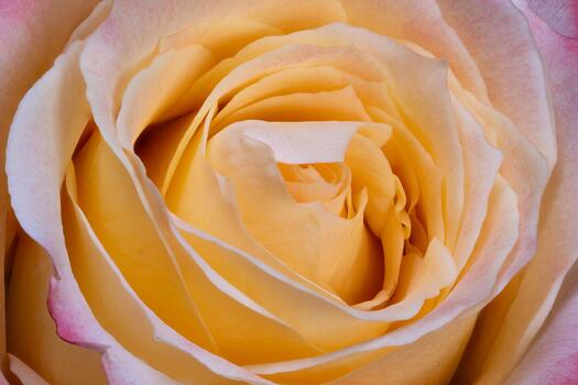 Elegant floral closeup, Macro of spiraled rose with textured surface and subtle color shifts, Intricate closeup capturing curled petals and gradient tones in warm studio setting photo