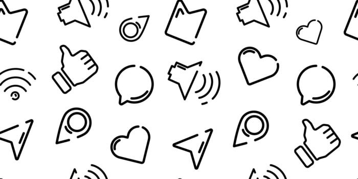 Seamless pattern of black social media line icons on a white background, for UI design, mobile apps, wallpaper, textiles, websites, social media templates, and digital branding. illustration vector