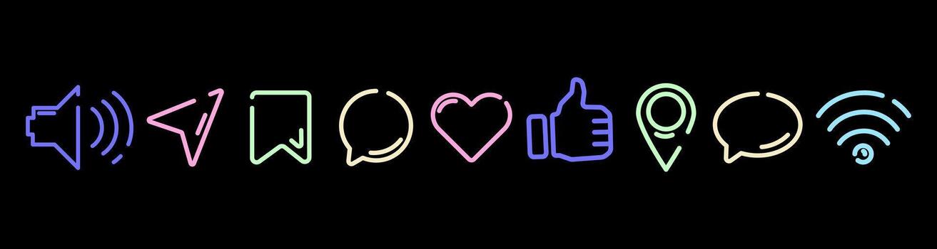 Social media and communication neon line icons, like, heart, chat, location, share, and Wi-Fi symbols on a black, for mobile apps, websites, digital interfaces, UI design, marketing content. vector