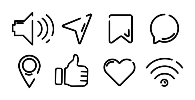 Black line UI icons set with speaker, navigation, bookmark, chat bubble, location pin, thumbs up, heart, and Wi-Fi signal, for mobile apps, websites, user interfaces, social media. illustration vector