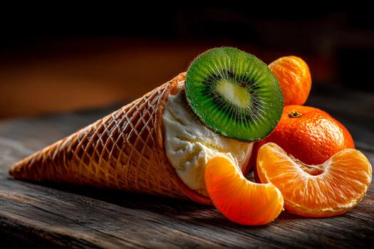 A tempting ice cream cone features creamy vanilla ice cream topped with a slice of kiwi and surrounded by orange segments on a rustic wooden table photo