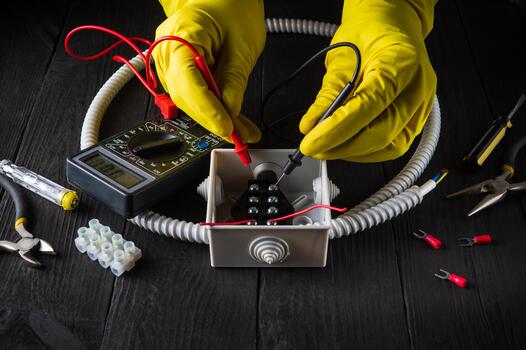 Electrician uses a tester to check the contacts in the junction box. Working environment in the master workshop photo