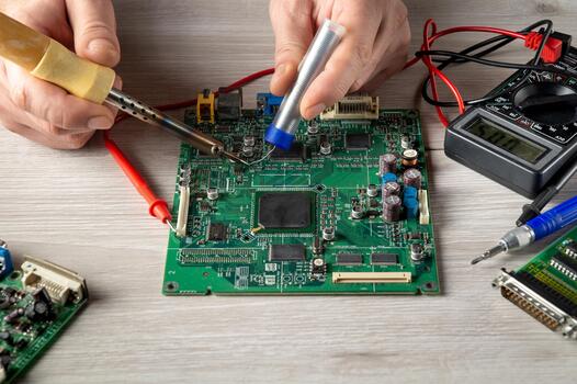 reparar de ordenadores o electrónica por un capataz en un taller. computadora reparar Servicio por un especialista en un taller. foto