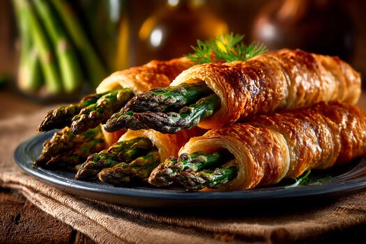 Fresh asparagus spears are tightly wrapped in flaky puff pastry, creating a delicious appetizer. The setting features a rustic wooden table with warm lighting photo