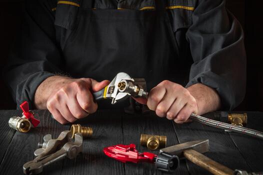 Plumber connects the brass fittings to the faucet with an adjustable wrench. Close-up of a foreman is hands while working in a workshop photo
