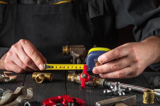Master plumber measures the distance using a tape measure. Working environment in a workshop with tools and spare parts on the table photo