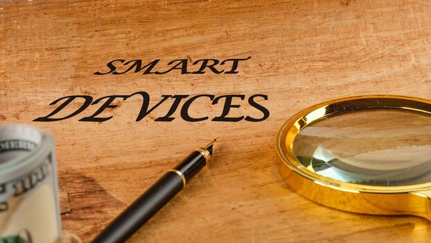 The concept of technology and development. Phrase, words, text SMART DEVICES text API written on paper, front view photo