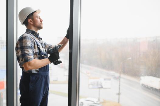Construction worker installing window frame using cordless drill photo