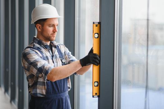 Construction worker using spirit level while installing window frame photo
