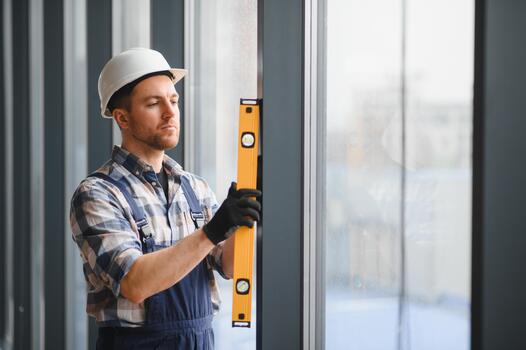 Construction worker checking window frame with spirit level ensuring proper alignment photo