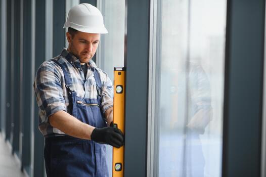 Construction worker using spirit level while installing window in building photo