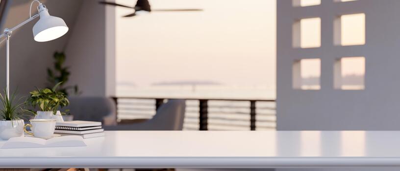 Empty shiny white table with the blurred background of a terrace with scenery view. Product display. photo