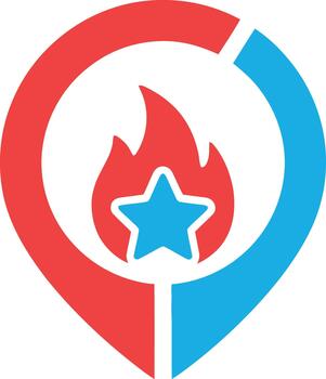 Fiery star icon within a location pin symbolizing a hot spot on a map with high ratings vector
