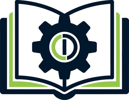 Open book displaying a gear with letter D representing knowledge and engineering skills vector