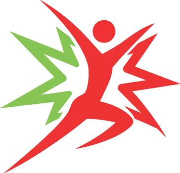 Dynamic red figure bursts forth with energy surrounded by green lightning bolts powerful vector