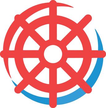 Red ship wheel navigating through blue waves symbolizing guidance and control at sea vector