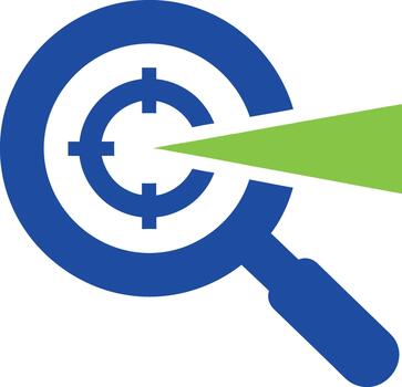 Blue magnifying glass focusing on a target with a green laser beam symbolizing precision vector