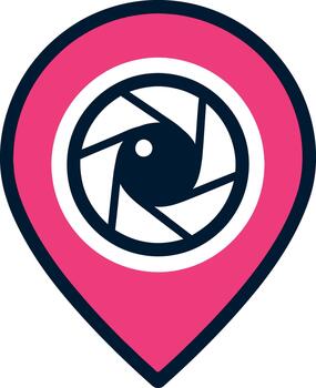 Camera lens icon in a map pin indicating a location for photography travel concept vector