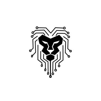 A striking black logo of a lion's head combined with circuit board lines, creating a digital mane. Represents technology, strength, security, speed, and innovation. vector