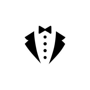 A clean, minimal black and white icon of a tuxedo jacket with a bow tie and shirt buttons. Symbolizing formal, elegant, and sophisticated service or attire. vector