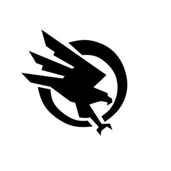 A dynamic, stylized black silhouette of a hawk or eagle diving aggressively inside a broken circle, symbolizing speed, precision, military force, and aerial mastery. vector