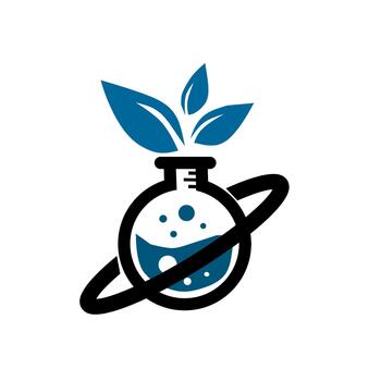 A modern icon blending science and nature, featuring a round-bottom flask with a bubbling liquid, encircled by a ring, and topped with vibrant leaves. Ideal for ecology, pharma, or herbal research. vector