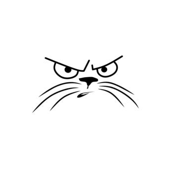 un sencillo negro línea dibujo de un gruñón de gato cara con un surcado frente, estrechado ojos, y largo bigotes, Perfecto para un divertido, minimalista diseño. vector