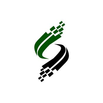 A modern, dynamic logo design forming the letter 'S' with curved lines and digital pixel data trails in green and black. Represents speed, technology, and connectivity. vector