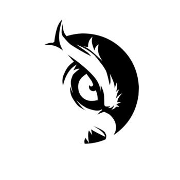 An aggressive and intense close-up silhouette of an owl's face, featuring a sharp eye and beak within a circular design. Represents fierce focus, predatory power, and midnight. vector