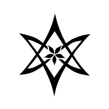 Mystical black icon combining a sharp hexagram star shape with a central flower or floral element. Represents harmony, magic, spirituality, and abstract geometry. vector