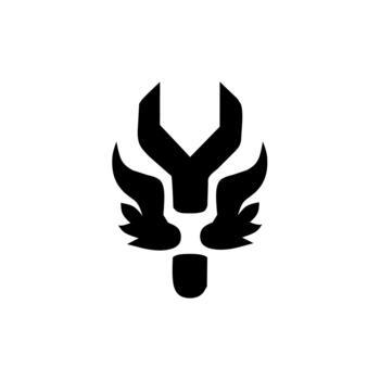 A smart, abstract black silhouette logo fusing the head of a fierce creature like a lion or dragon with a wrench or mechanical tool, symbolizing power and engineering. vector