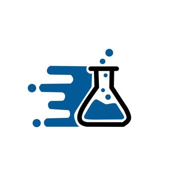 A dynamic logo featuring a lab flask with liquid and bubbles, accompanied by a blue speed trail. Symbolizes fast science, research speed, chemistry, and quick results. vector
