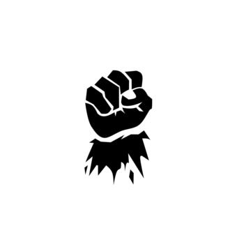 A powerful black silhouette of a clenched fist raised high, featuring a jagged, broken base, symbolizing raw strength, rebellion, protest, and unstoppable, aggressive power. vector