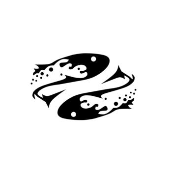 Dynamic black and white design showcasing two stylized fish in a circular motion, with abstract spots and flowing lines. Perfect for modern aquatic or nature-themed branding. vector