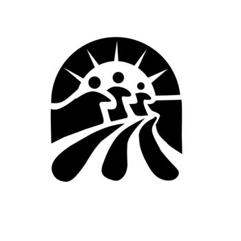 A stylized black icon depicting a group of three people or community rising over paths toward a radiating sun, symbolizing progress, unity, education, or a shared journey to success. vector