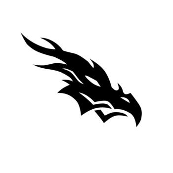 A fierce, stylized black silhouette of a dragon's head with sharp lines and flowing elements. A powerful and dynamic minimal logo perfect for gaming, sports, or security branding. vector
