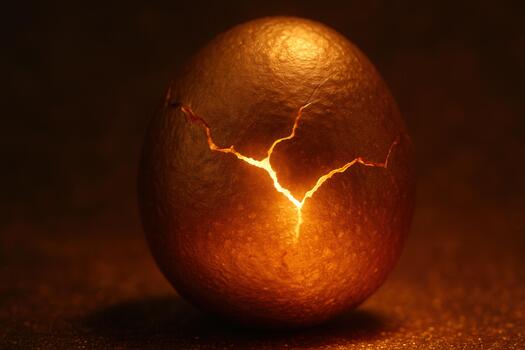 Mystical Cracked Golden Egg Glowing With Warm Light in Dark Dramatic Setting photo