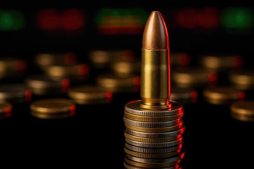 Financial Warfare Concept With Bullet Standing On Stack Of Coins photo