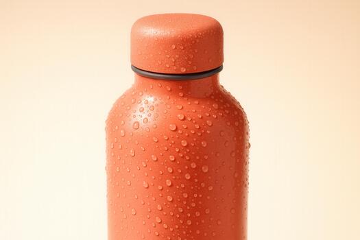 Reusable Coral Water Bottle With Condensation Droplets On Warm Gradient Background photo