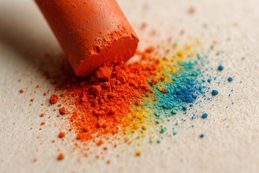 Broken Orange Pastel Stick With Colorful Powder Pigments On Paper Surface photo